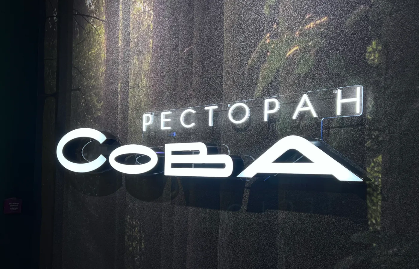 Световой логотип объемные буквы и неоновая надпись на стене в ресторане